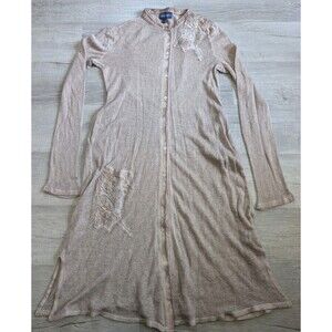 Womens Lace Embroidered Long Duster Cardigan Boho Sweater Buttons Tan Sz L